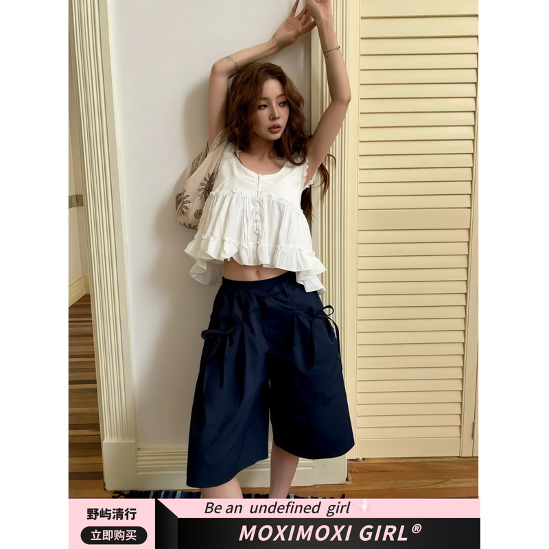 Moxi Japanese-Style Navy Blue Cropped Wide-Leg Pants for Women, Summer Breathable Casual Workwear Pocket Pants, Commuter Drapey Cropped Pants