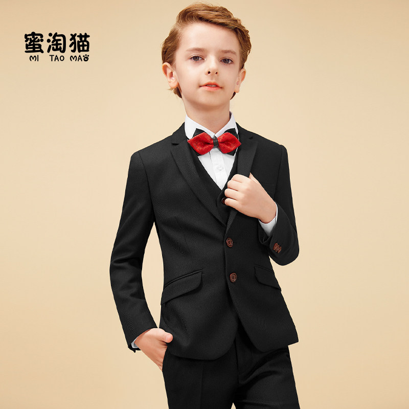 Honey cat boy dress handsome catwalk Middle and large children's British style suit Piano play Black children's suit