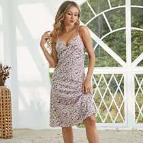 French Vintage Floral V-neck suspender dress slim sexy skirt