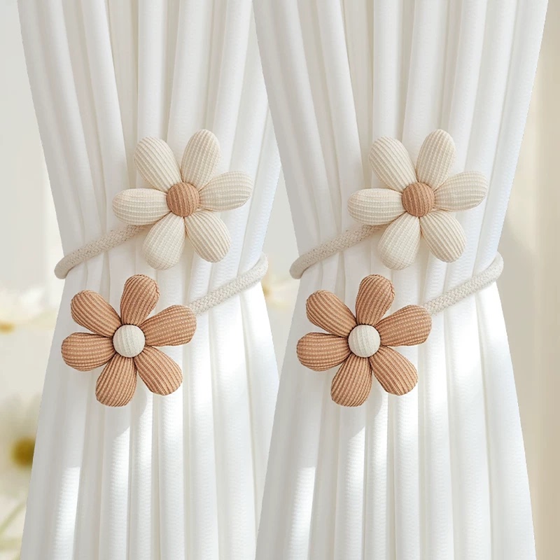 Curtain Tiebacks with Simple Floral Design, Creative Tie Ropes, Bendable Curtain Rings, White Sheer Curtain Embellishments