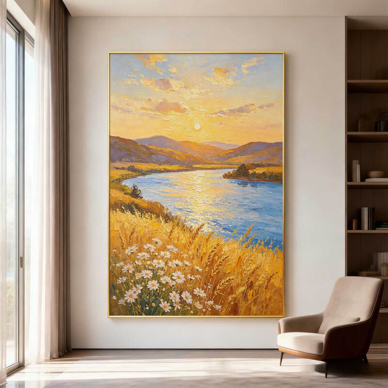 《Clouds over Sichuan》Sunrise Purely Hand-Painted Oil Painting Golden Wheat Ears Living Room Entrance Decorative Painting Corridor Landscape Wall Art
