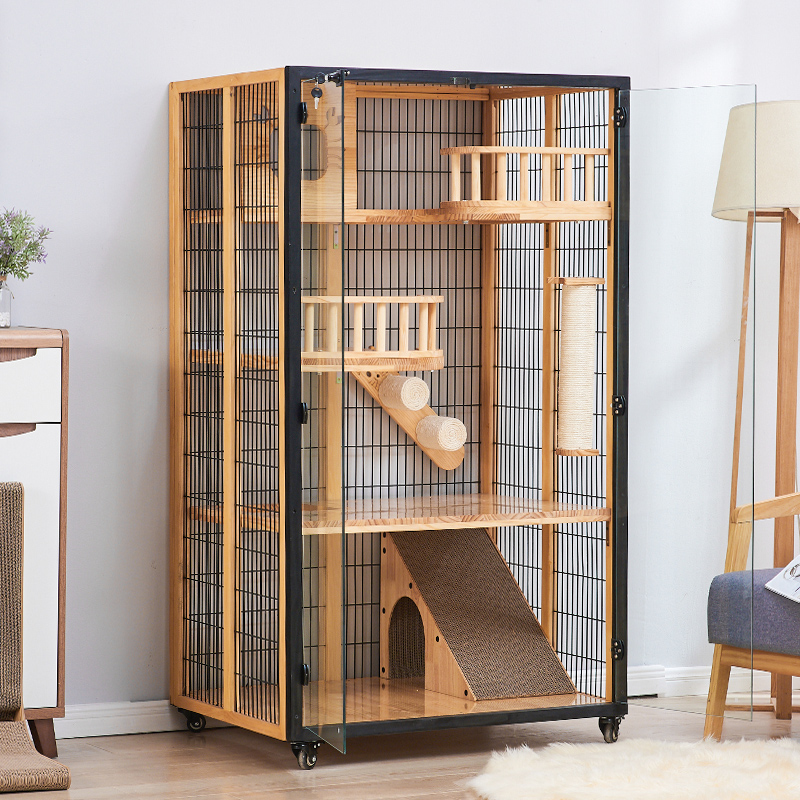 Panoramic Cat Cage Pet Shop Mega Cat Villa Luxury no area Solid wood Balcony Full Transparent Glass Cat Cabinet