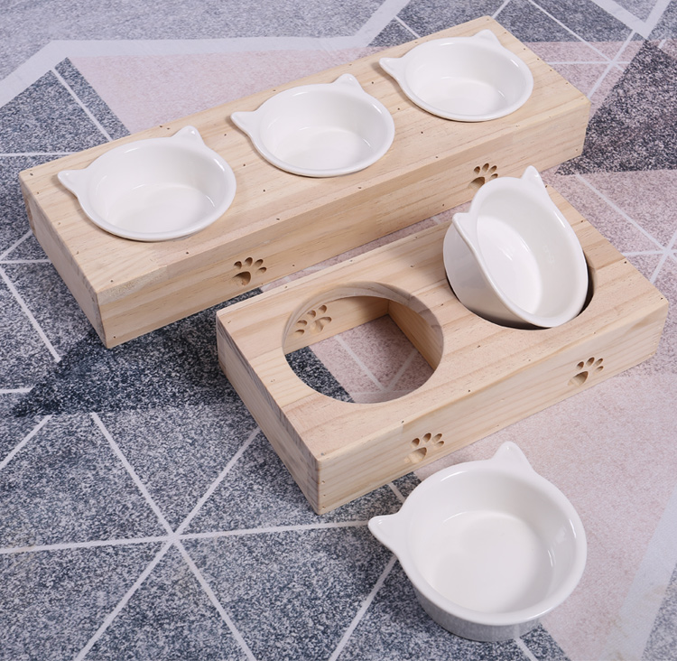 Cat Bowl ceramic double bowl solid wood protection cervical spine anti-overturning triple bowl inclined cat basin Basin Ceramic Cat Bowl