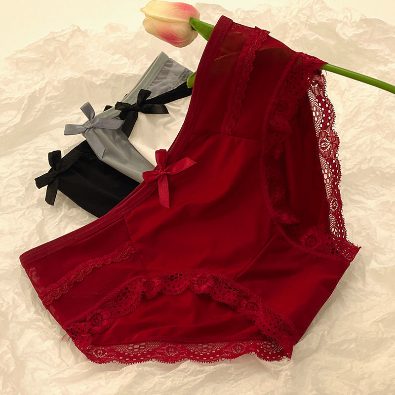 Pure Desire Seamless Red Ice Silk Sexy Lace Low-Waist Tempting Panties Triangle Briefs for Girls with Bow for Their Zodiac Year