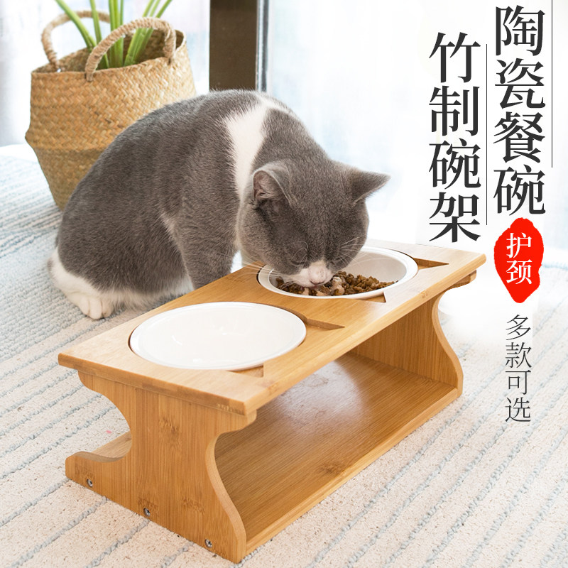 Cat Bowl Double Bowl ceramic protection Cervical Spine Juvenile Cat Pet Single Bowl Anti-Overturning Three Bowls Anti-Ant Inclined Solid Wood Bowl Rack