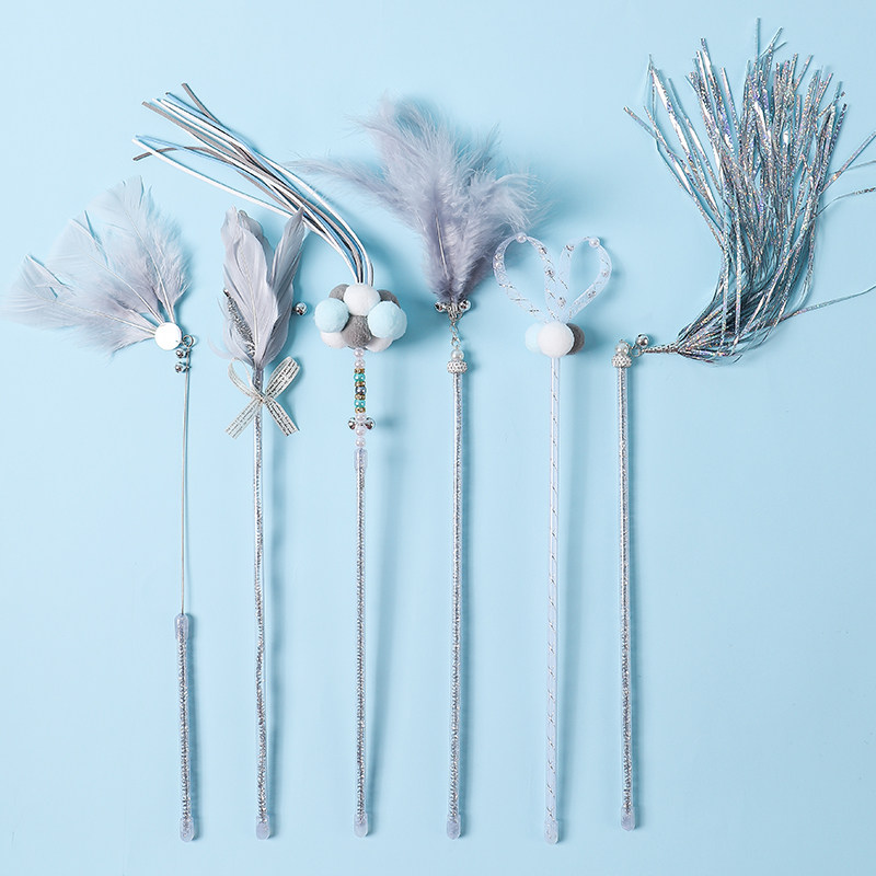 Fairy cat stick feather long rod steel wire rabbit hair cat toy sound paper tassel Bell cat supplies bite resistant