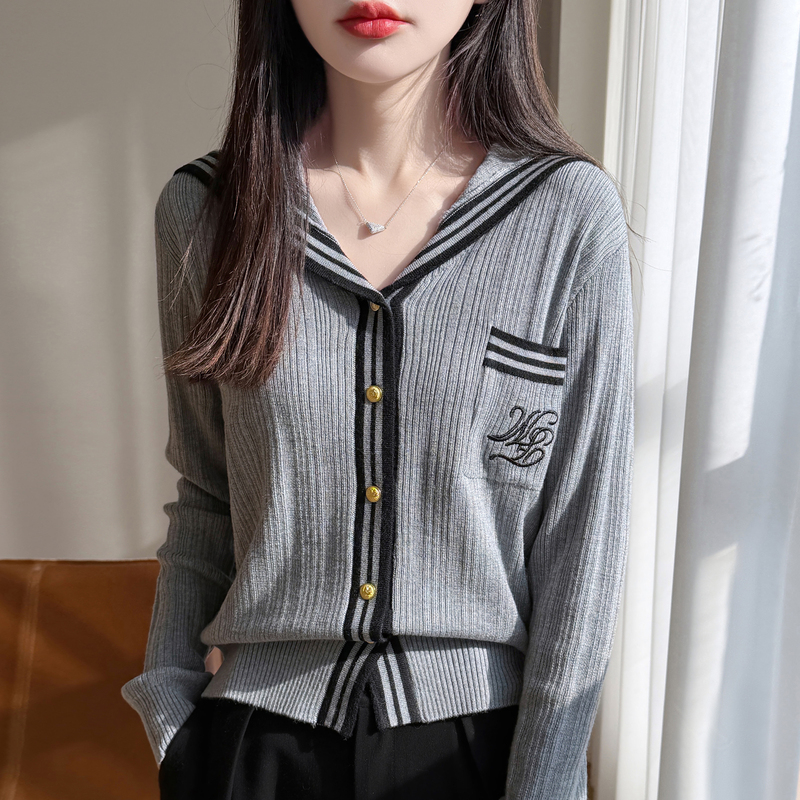Korean College Style Navy Collar Contrasting Color Knitted Cardigan Women's Age-Reducing Striped Sweater Jacket