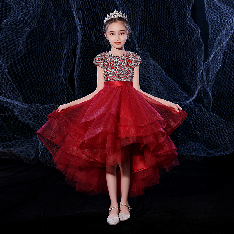 Children's evening dress girl birthday princess dress puffy gauze red flower girl host catwalk girl piano costume