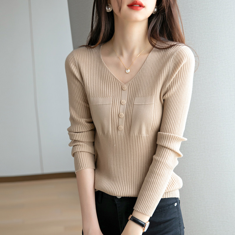 Khaki knit shirt top women autumn and winter 2021 New V collar interior long sleeve wool base shirt