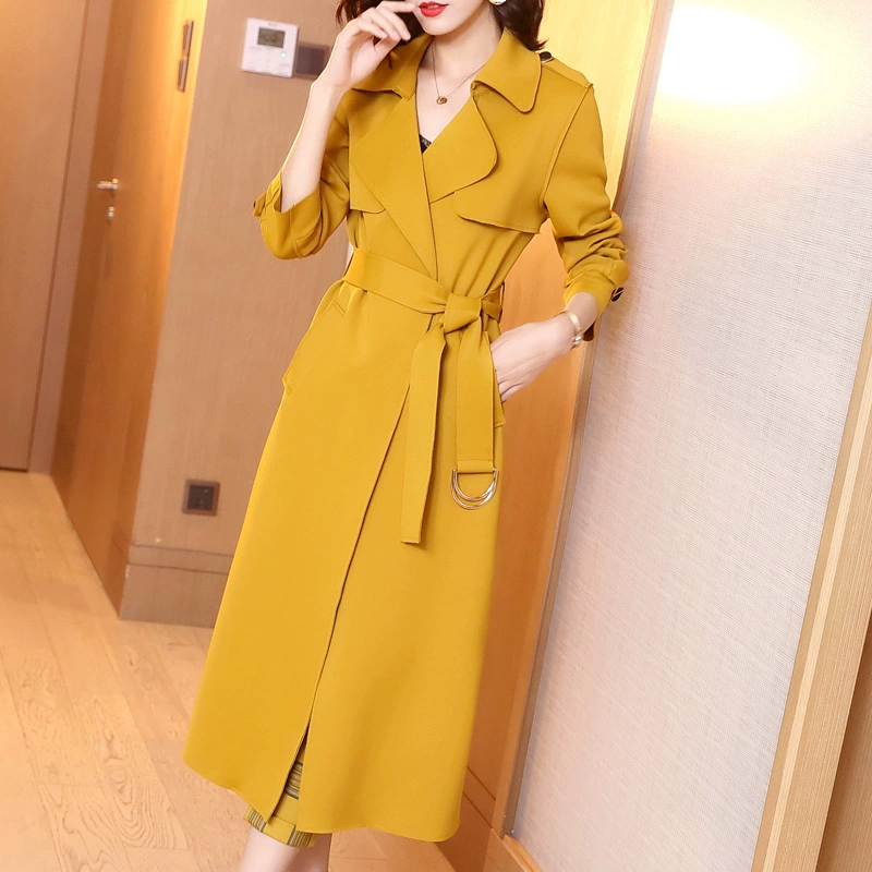 Áo khoác trench coat không gian cotton cho mùa thu / đông 2021 mới của phụ nữ dài tay ve áo mỏng giảm béo Áo khoác dài trung tính kiểu Anh - Trench Coat