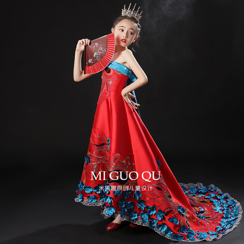 Girls' evening dresses, high-end national tide, Chinese style models, show costumes, tailing children's princess skirt domineering