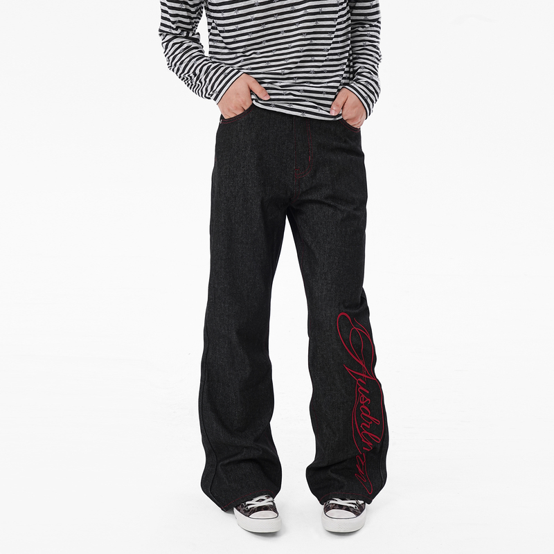 Gangurru Floral High-Density 13-Ounce Embroidered Straight-Leg Flared Black and Red Raw Denim Jeans for Men and Women Early Autumn Season Gangurru Floral High-Density 13-Ounce Embroidered Straight-Leg Flared Black and Red Raw Denim Jeans for Men and Women Early Autumn Season