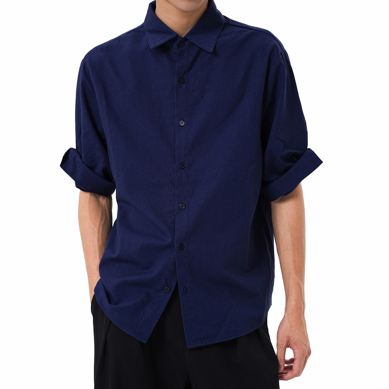 Gangurru Linen-Cotton Blend Intellectual Midnight Blue Short-Sleeve Rolled-Sleeve Shirt Top Unisex Summer Style