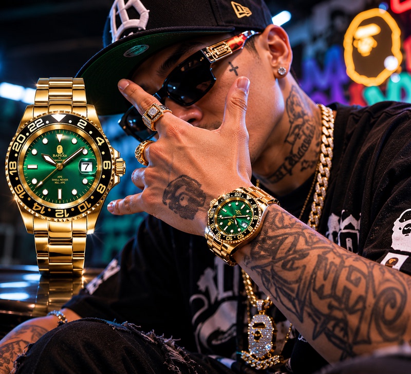 Ape Shall Never Kill Ape Bapex Type2 Bape Watch Gold and Green Submariner Mechanical Watch Ape Shall Never Kill Ape Bapex Type2 Bape Watch Gold and Green Submariner Mechanical Watch