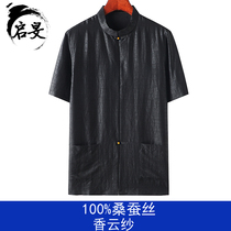 Tang suit male silk turtle pattern fragrant cloud yarn short sleeve father plus fat plus big Buddha retro cardigan Chinese style mens summer