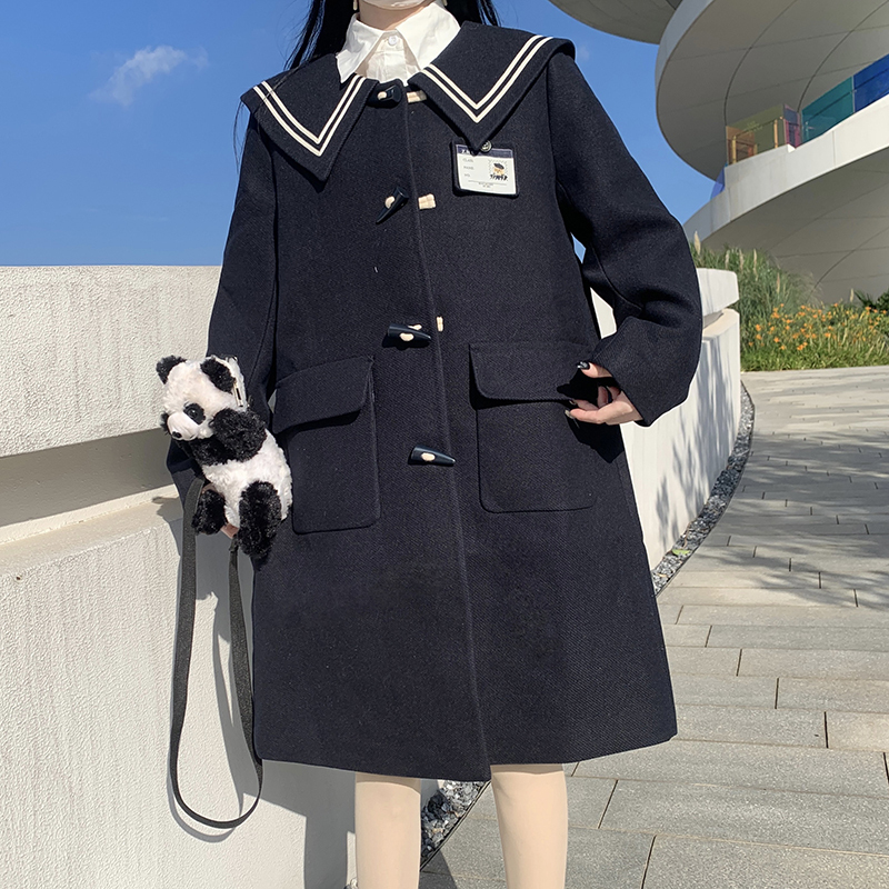 Japanese-Style Soft Girl College Style Loose Sailor Collar Student Warm Thickened Jk Mid-Length Woolen Coat for Girls