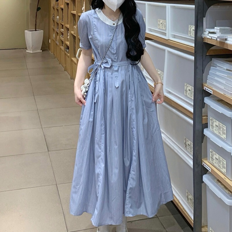 Blue French Striped Dress for Women, High-End Summer New Style, Waist-Cinching, Petite, Elegant Shirt Dress