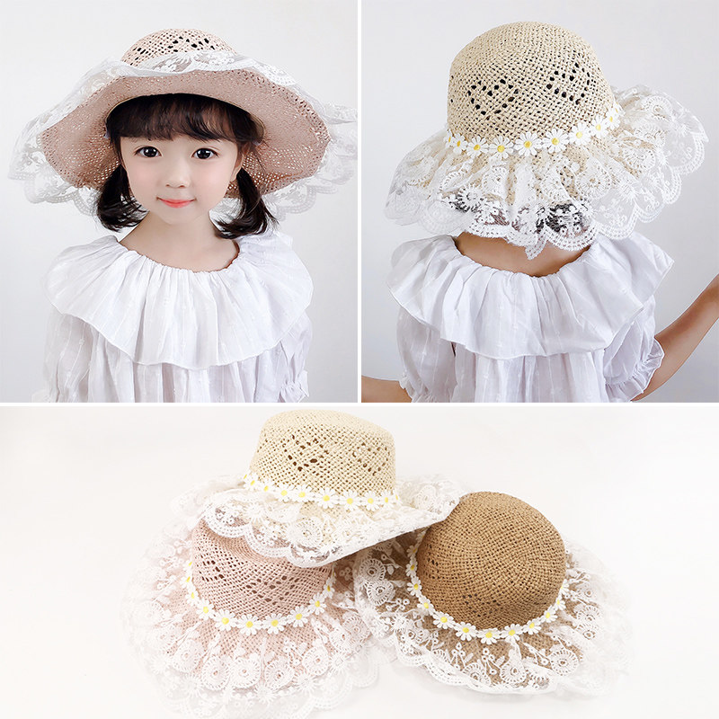 Small daisy children's straw hat summer sunscreen baby anti-UV sunshade hat big brim girls sunscreen sunshade hat