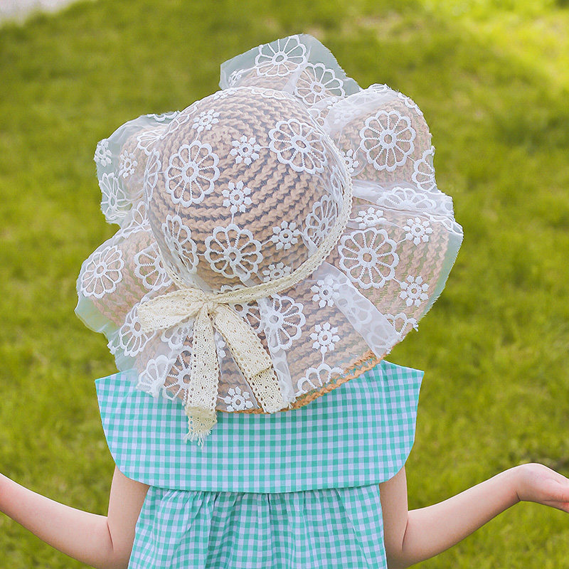 Children hat Summer baby sunscreen hat princess lace side beach big hat girl hat girl grass hat fisherman hat