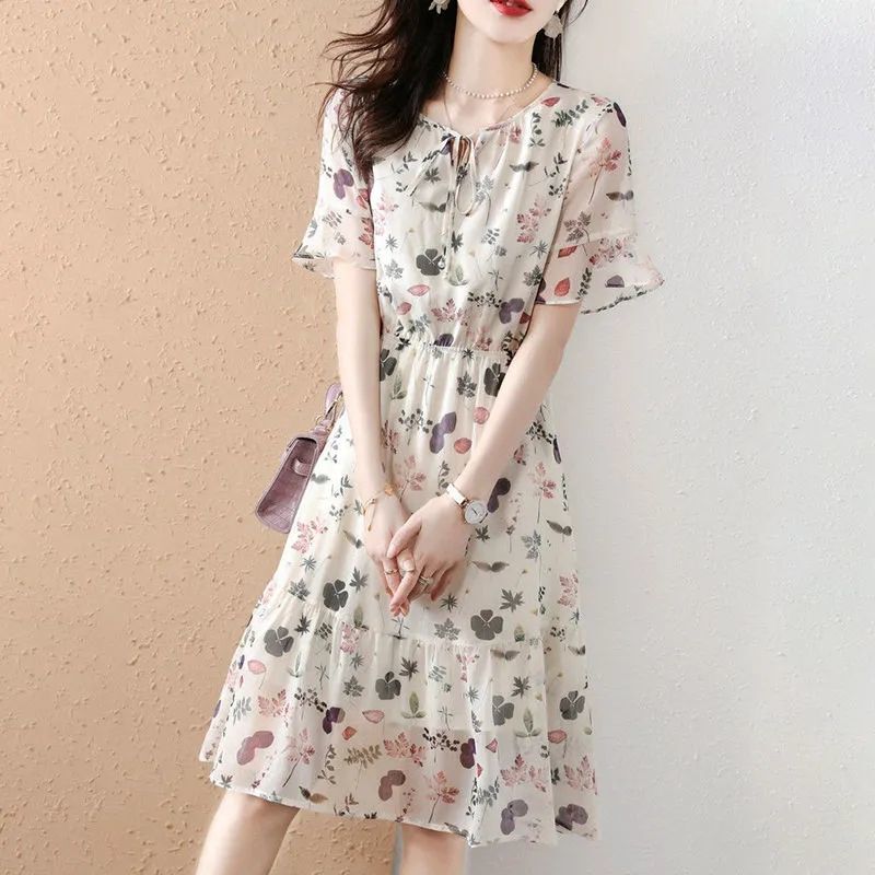 European Style 2026 Summer Korean Version New Chiffon Floral Dress Versatile Loose Slimming Short-Sleeve A-Line Dress