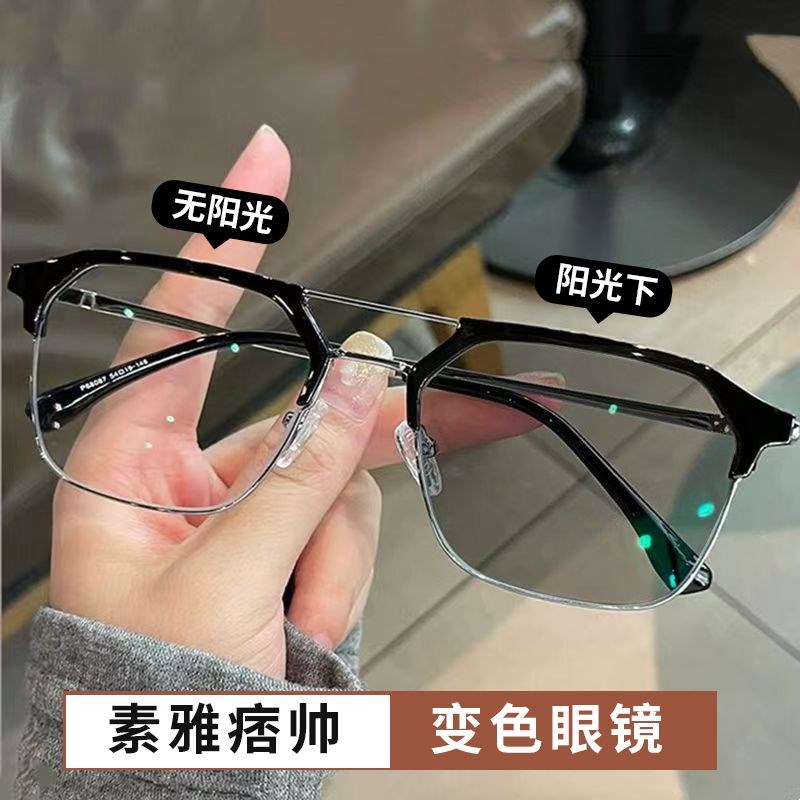 The Yuppie Handsome discoloration myopia Glasses Tech men's Sven lost class half-frame anti-blue light flat mirror retro glasses frame-Taobao