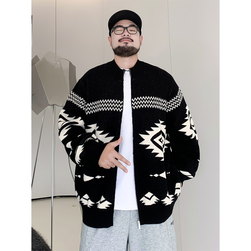 Fat Man's Autumn Jacquard Casual Cardigan Sweater Men's Trendy Brand Large Size Loose Plus Size Zipper Long-Sleeved Knitwear