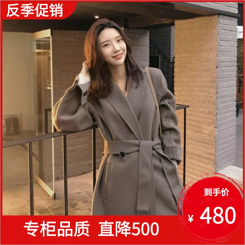 Áo khoác ngoài mùa hè phiên bản 2020 của phụ nữ mới thắt lưng cashmere hai mặt giữa áo gió dài màu rắn, áo khoác len dài tay - Trung bình và dài Coat