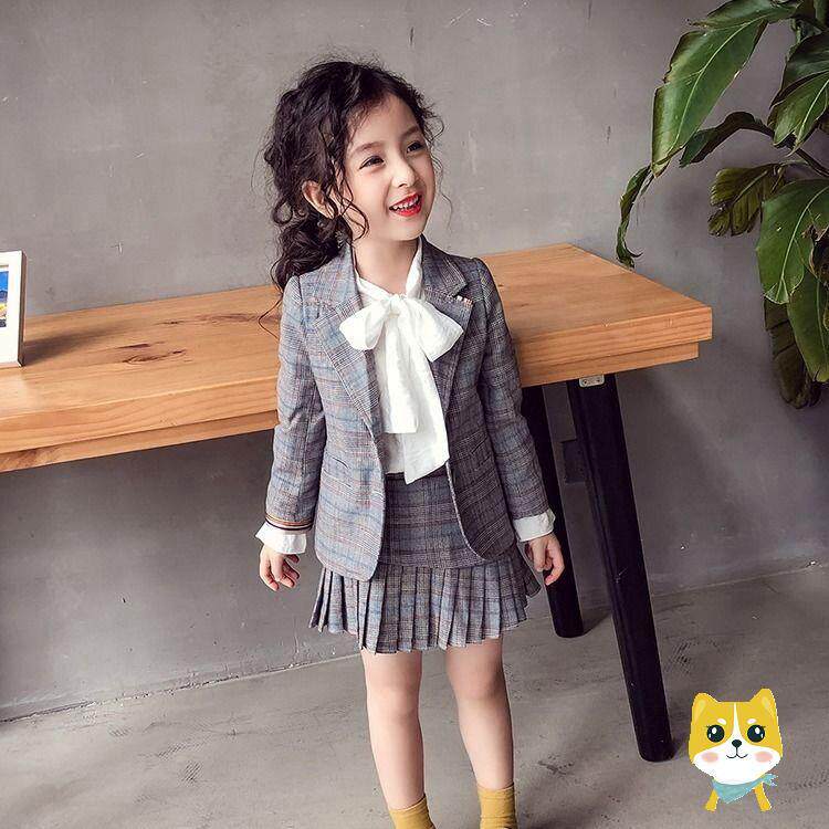 Girl Suit Jacket 2021 Spring Dress New Girl Super-Foreign Plaid Short Dress Two Sets Children Trendy Suit
