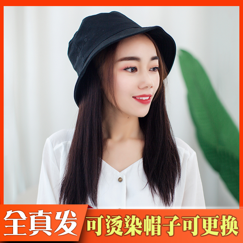 Hat and wig one female fashion summer fisherman hat medium long straight hair full real hair covering the top of the head white hair summer thin