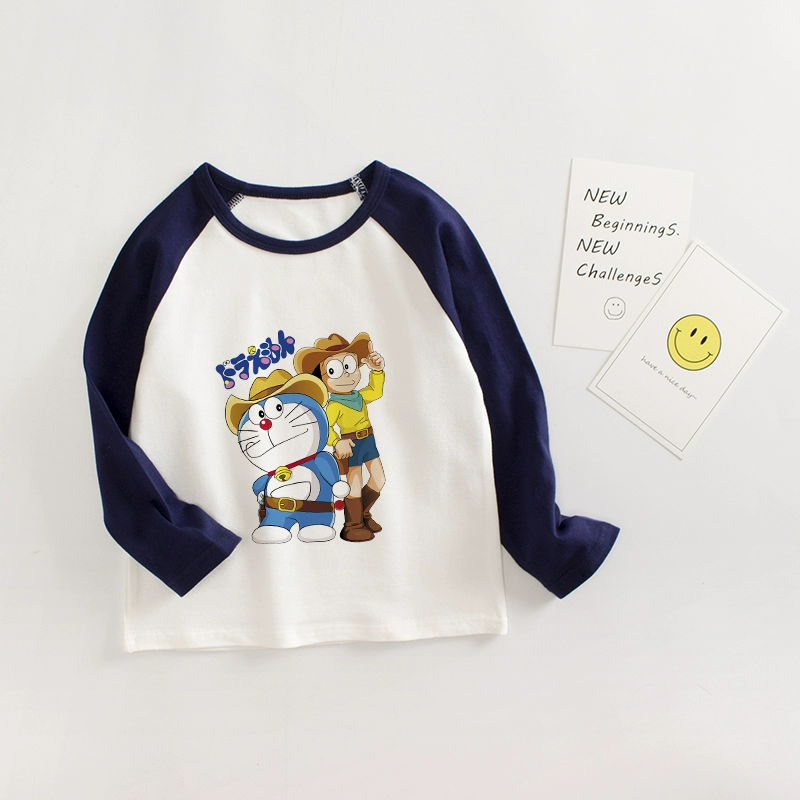 Quần áo trẻ em Doraemon trẻ em Doraemon áo thun dài tay bé trai mùa xuân và mùa thu cotton đáy quần áo bé gái quần áo mèo - Áo thun