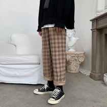 Large size womens clothing autumn and winter thick new trendy fat mm pants womens plaid wide leg pants loose thin corduroy slacks