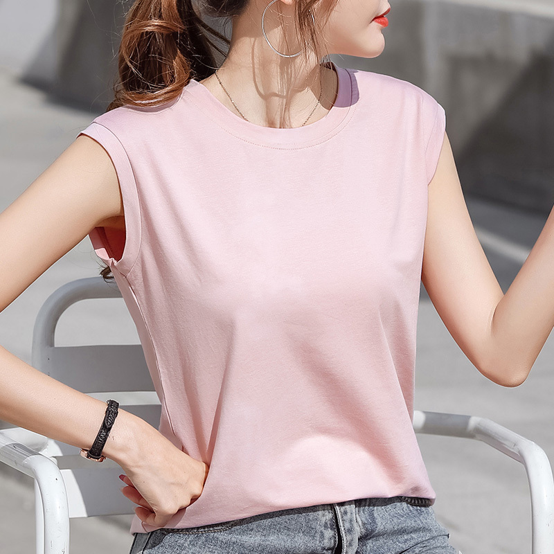 Summer Sleeveless T-Shirt for Women, Pure Cotton Vest, Loose Sports Base Shirt, White Round Neck, Can Be Worn Inside or Outside, Wide Shoulder Straps
