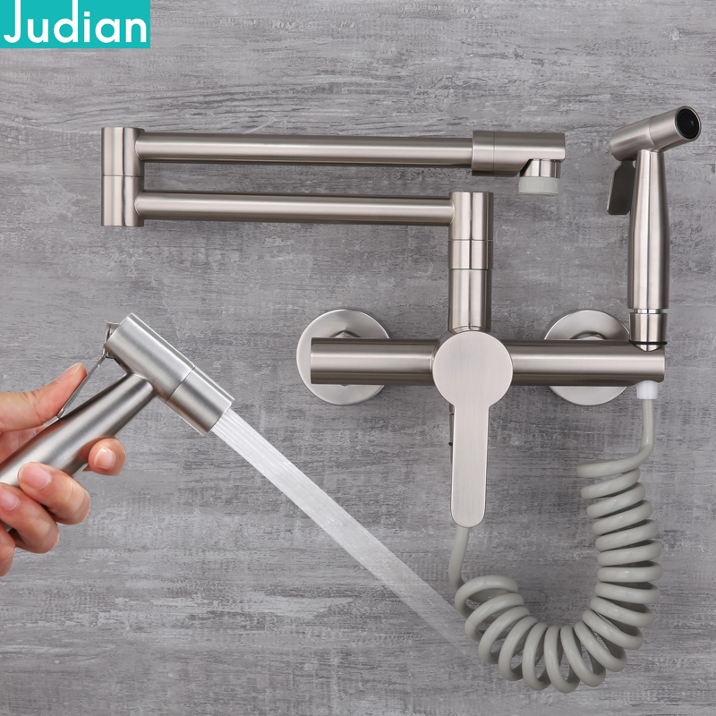 Wall folding kitchen faucet all copper hot and cold telescopic drawing spray gun washing gun washing pool universal sink