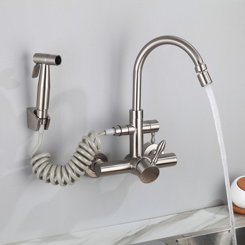 Wall-mounted hot and cold faucet 304 stainless steel with spray gun kitchen household rotary washing basin balcony laundry pool