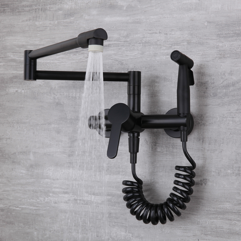 Black into wall kitchen faucet cold and hot wash basin washing pool brass folding stretched and rotate universal spray gun