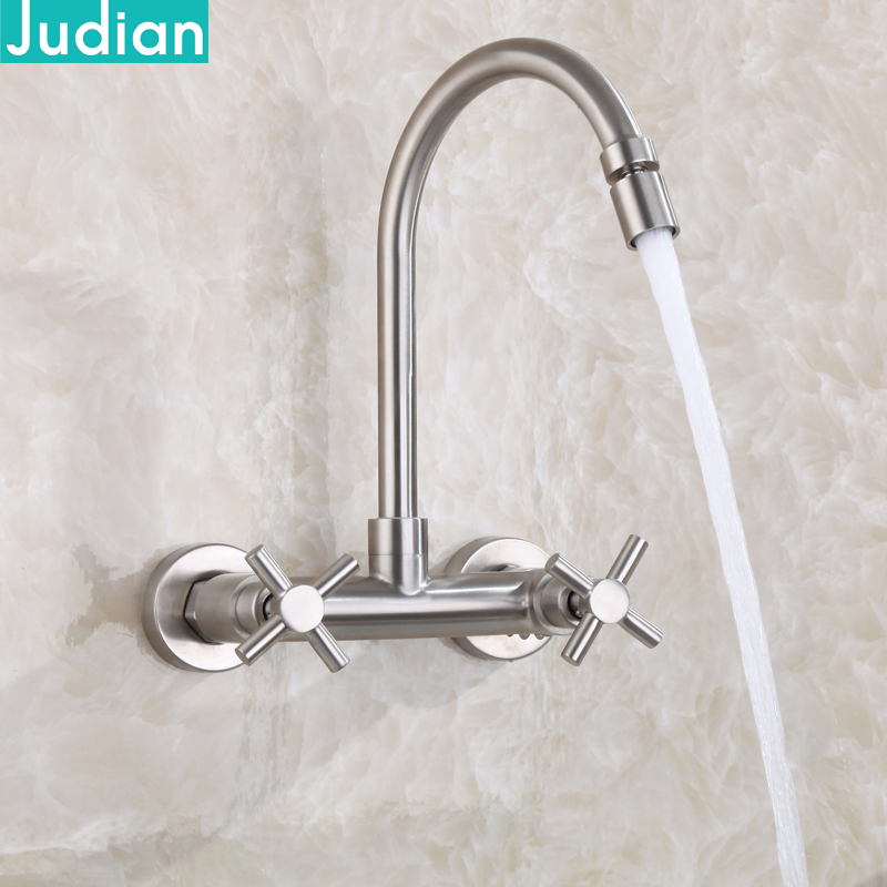 304 stainless steel kitchen hot and cold water faucet into the wall type double hole double handle balcony washing pool washing sink household