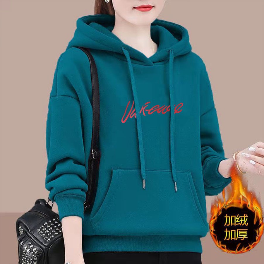 YH hood draw rope dress female autumn and winter street tide letter printed plus heat warm mother installed loose coat spring