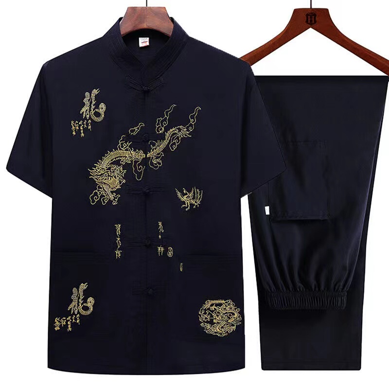 Middle-Aged and Elderly Men's Tang Suit Short-Sleeved Set, Chinese Style Summer Thin Ice Silk Cotton Top, Grandpa's Embroidered Hanfu