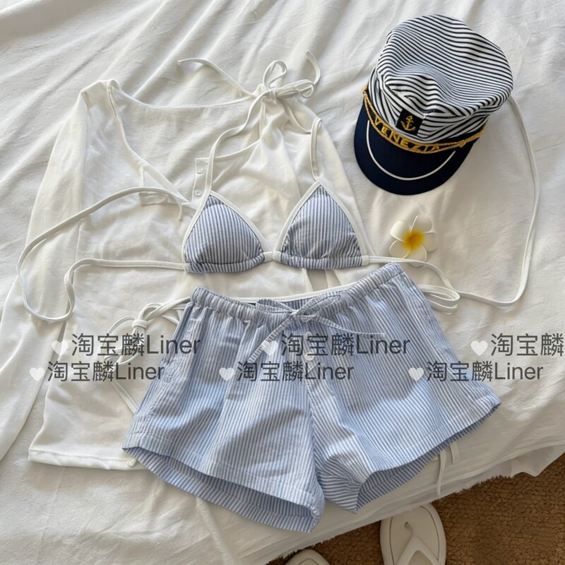 2025 New Striped Bikini Halter Neck Two-Piece Swimsuit Women's Beach Shorts Hot Girl Sexy Seaside