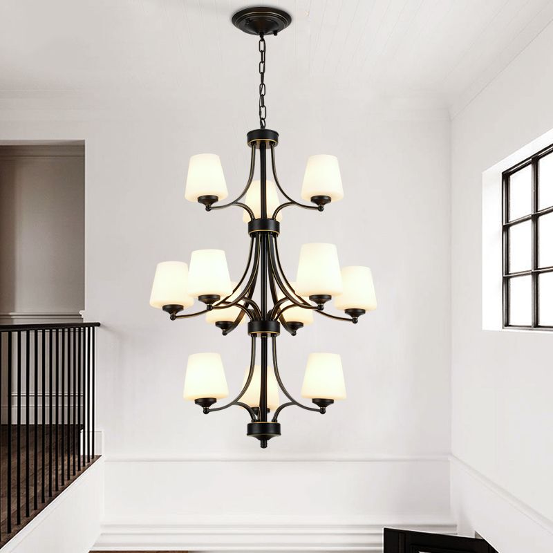 Large Chandelier in the Living Room of a Duplex House, American-Style Rotating Vintage Loft Apartment, Open-Air Three-Story Stairwell Large Chandelier