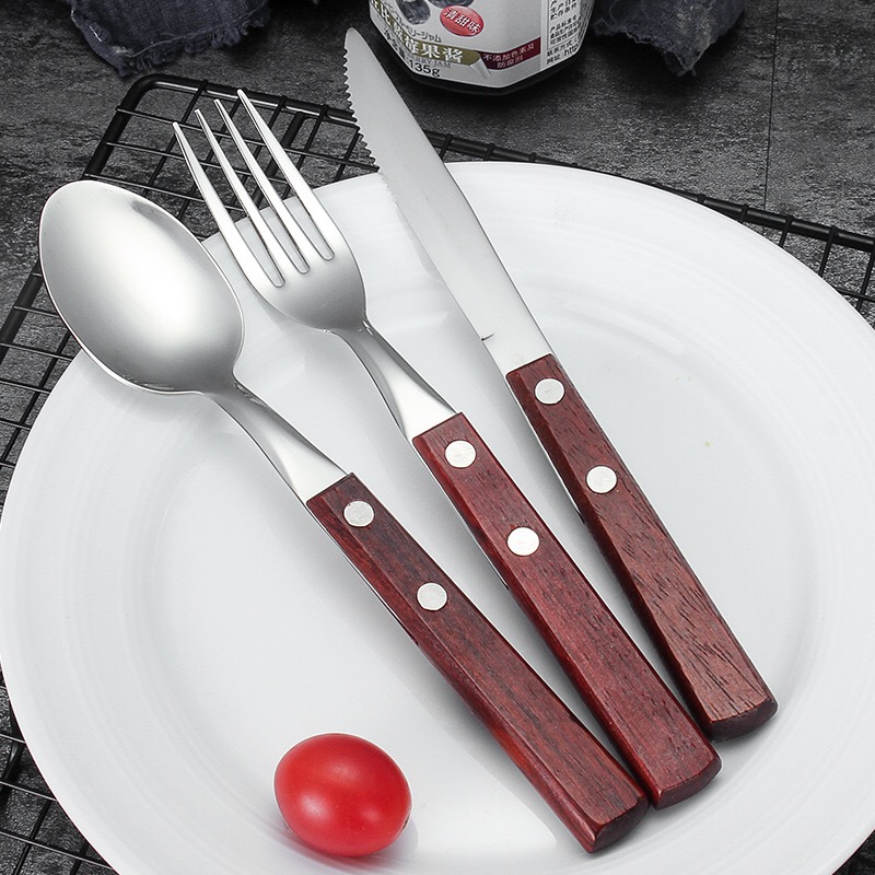 Wooden handle western knife, fork and spoon three-piece set of 304 stainless steel ins wind high-end tableware household steak knife and fork set