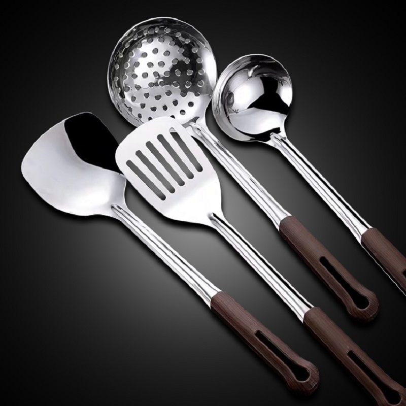 Anti-scalding handle 304 stainless steel pan shovel home kitchen complete set of kitchenware cover set spoon broth spoon iron fried vegetable shovel