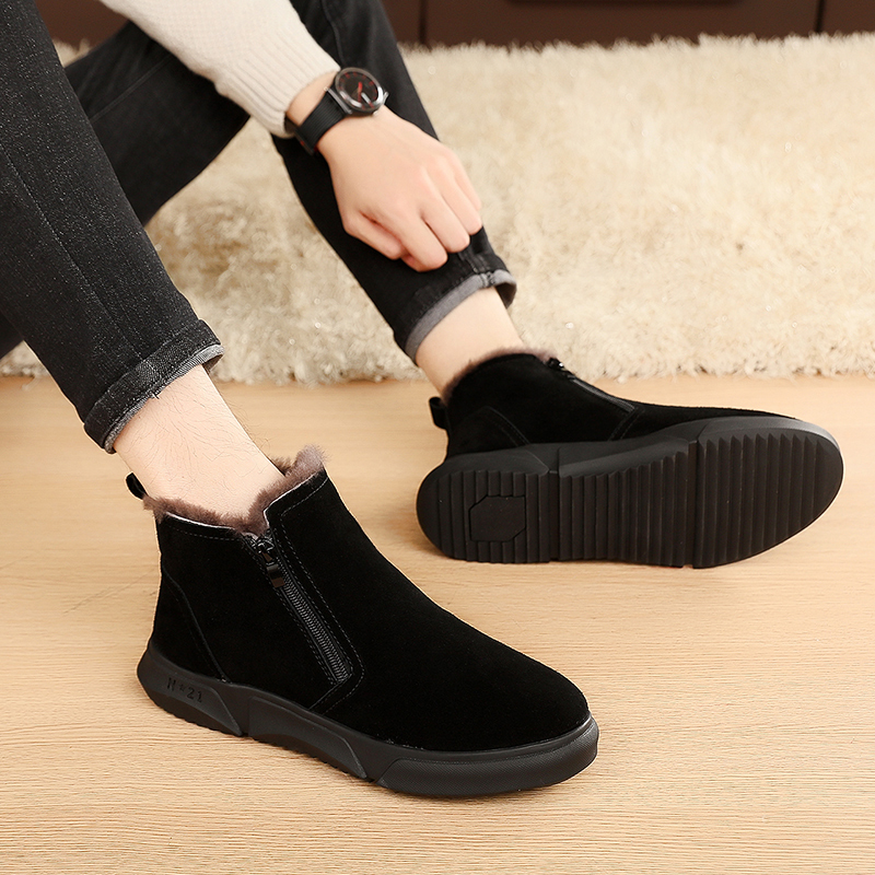 Cotton shoes men's winter fur integrated snow ground boots warm and suede thickened non-slip wool genuine leather dad Northeastern cotton shoes