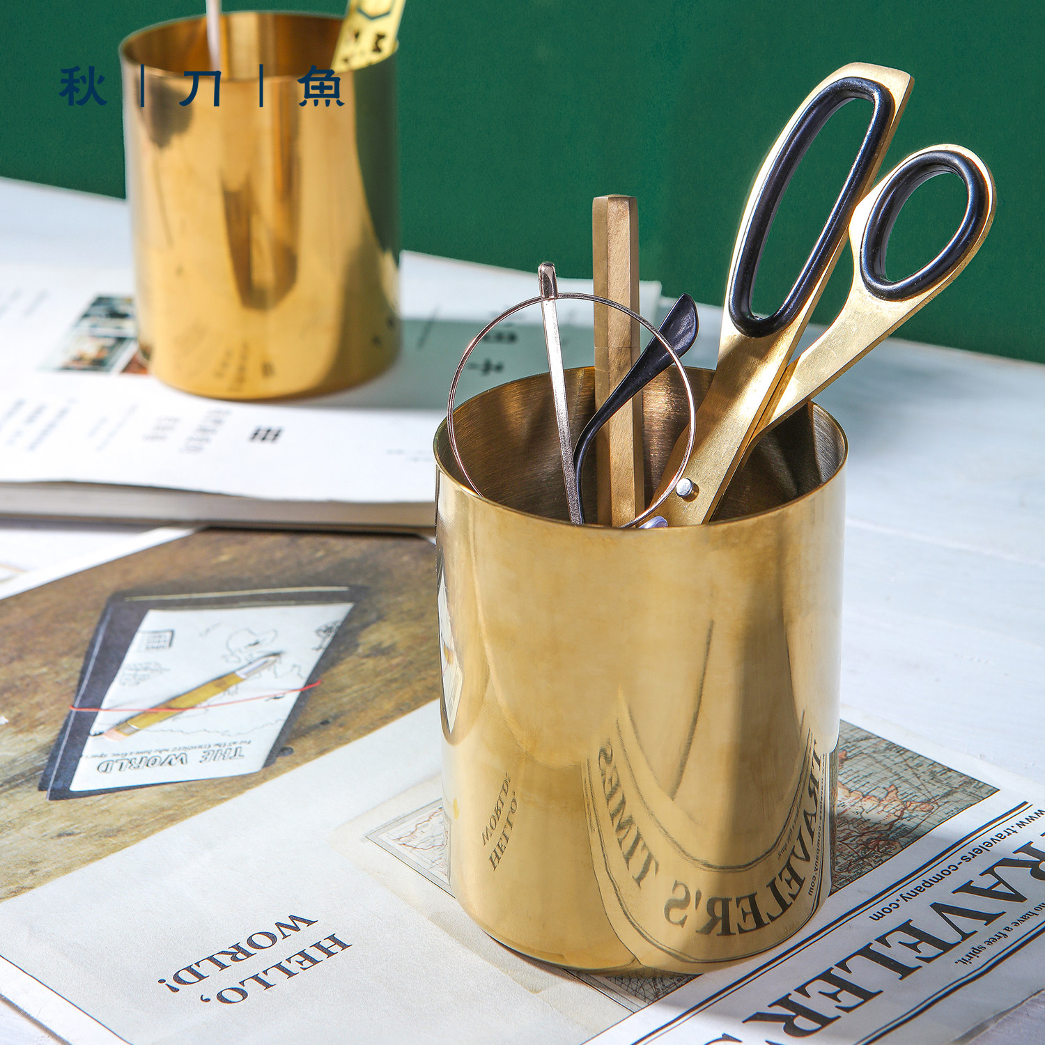 Aki knife fish brass colour collection cylinder pen cylinder metal reception cup of Nordic wind in desktop receiver cans for iron pot piece of iron pot - piece plug - in cylinder gold round flower jacket metal reception cup
