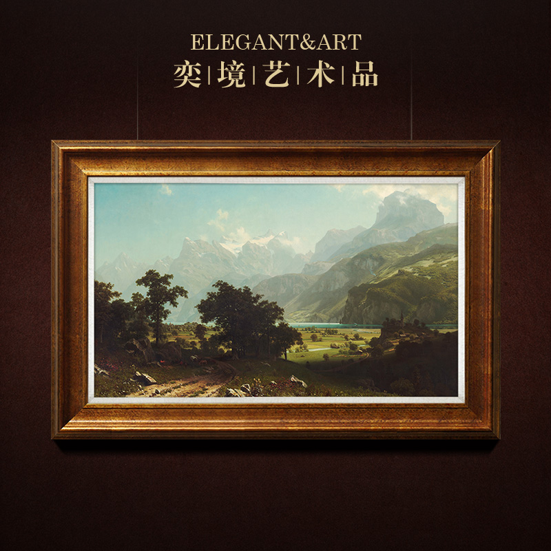 Yijing European Landscape Oil Painting American Living Room Decorative Painting Entrance Background Wall Painting Murals Lake Lucerne