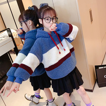 Girl color-dressing sweater autumn and winter lamb cashmere sweater long plus velvet padded Korean loose hooded coat tide