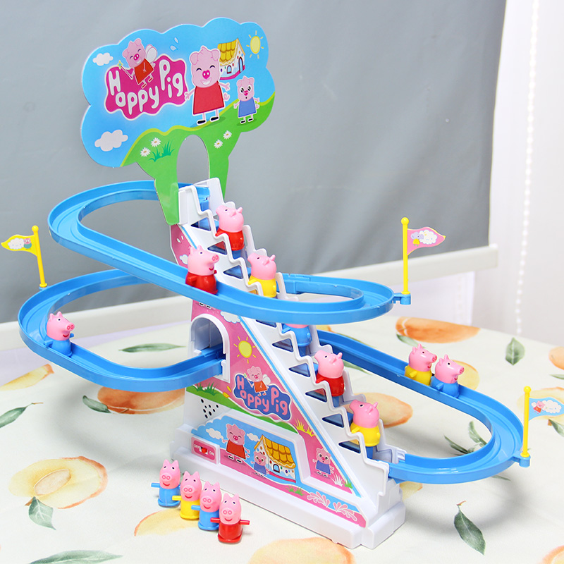 Small pig slip climbing stairs to catch a small yellow duck onto the shelves Shelves Train Tracks Petch Shake-Up Toddler Toddler Toddler Petch