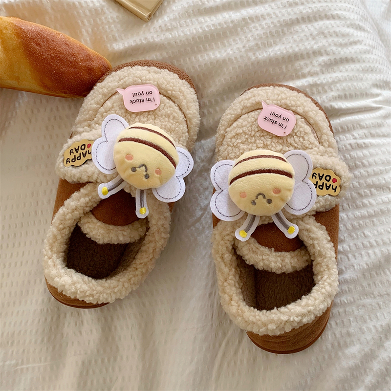 Cartoon Cute Little Bee Kidsren's Cotton Slippers for Boys and Girls, Warm and Velvet Non-Slip Outdoor Cotton Shoes for Winter