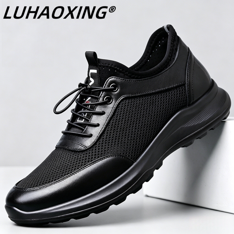 Men's Shoes 2026 New Summer Hollow Mesh Casual Leather Shoes Men's Height-Increasing Breathable Genuine Leather Men's Sports Shoes