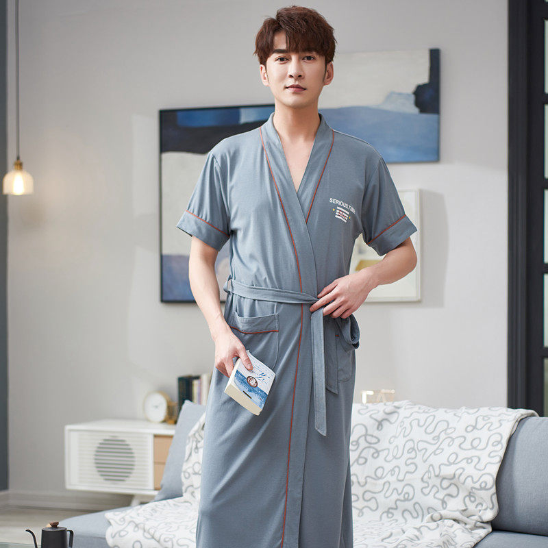 Sleeping Robe Men's Summer All Cotton Thin sexy bathrobe short sleeves Summer men's day style pure cotton kimono and medium long version pyjamas